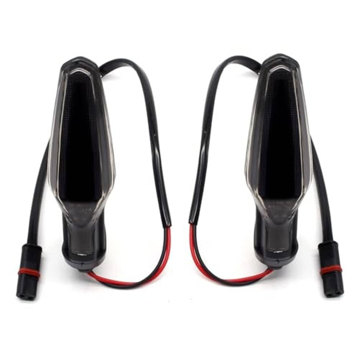 Pair of motorcycle turn signal lights with clear smoked lenses, black housings, and leads