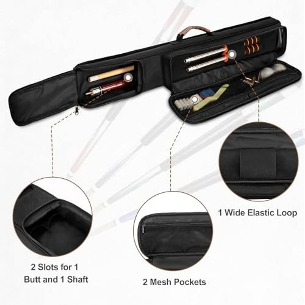 Black pool cue case with elastic loop holders and two mesh accessory pockets