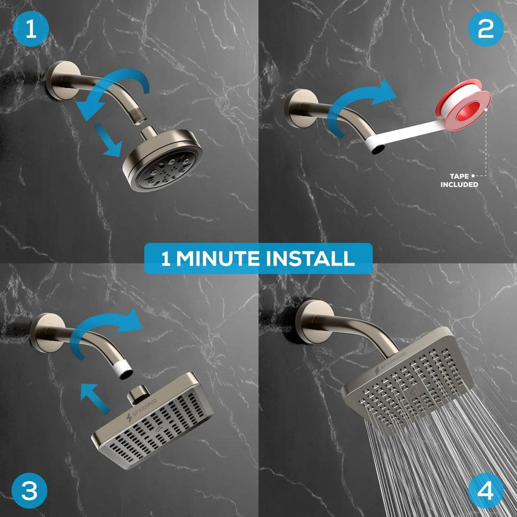 Square brushed nickel rain shower head showing installation with included parts