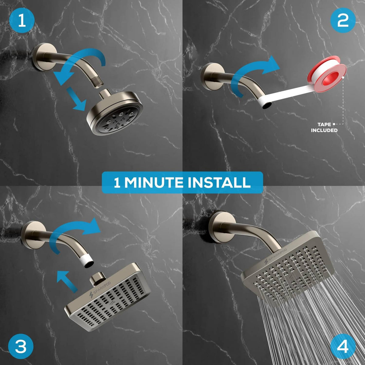 Square brushed nickel rain shower head showing installation with included parts