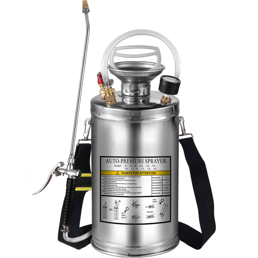 Stainless steel pressure sprayer with round tank, hose, and extension wand