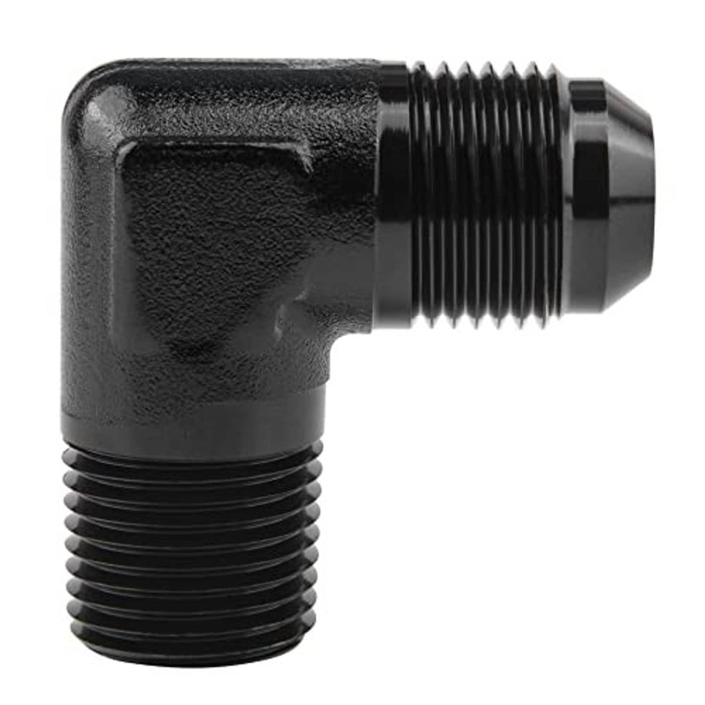 Black 90-degree elbow fitting adapter close-up with ribbed external threads