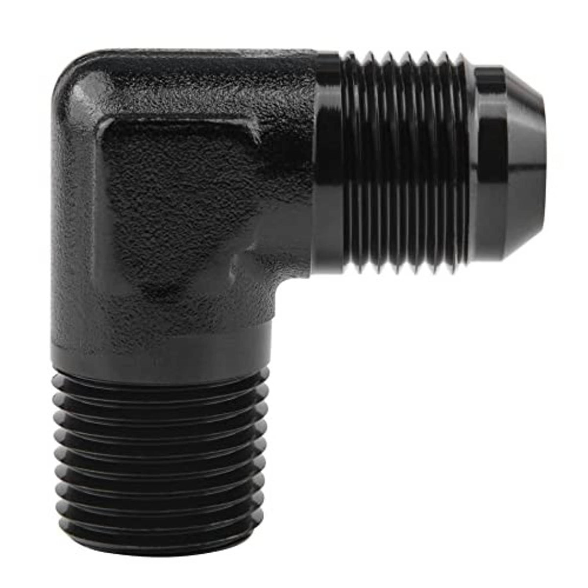Black 90-degree elbow fitting adapter close-up with ribbed external threads