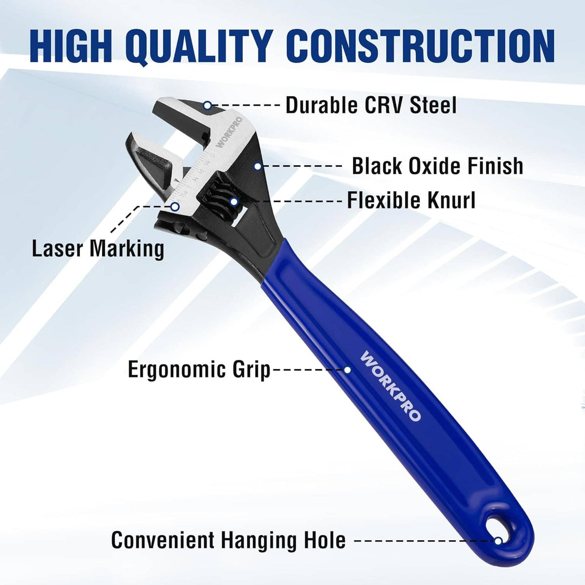 Blue adjustable wrench with black oxide finish, knurled jaw adjuster, and hanging hole