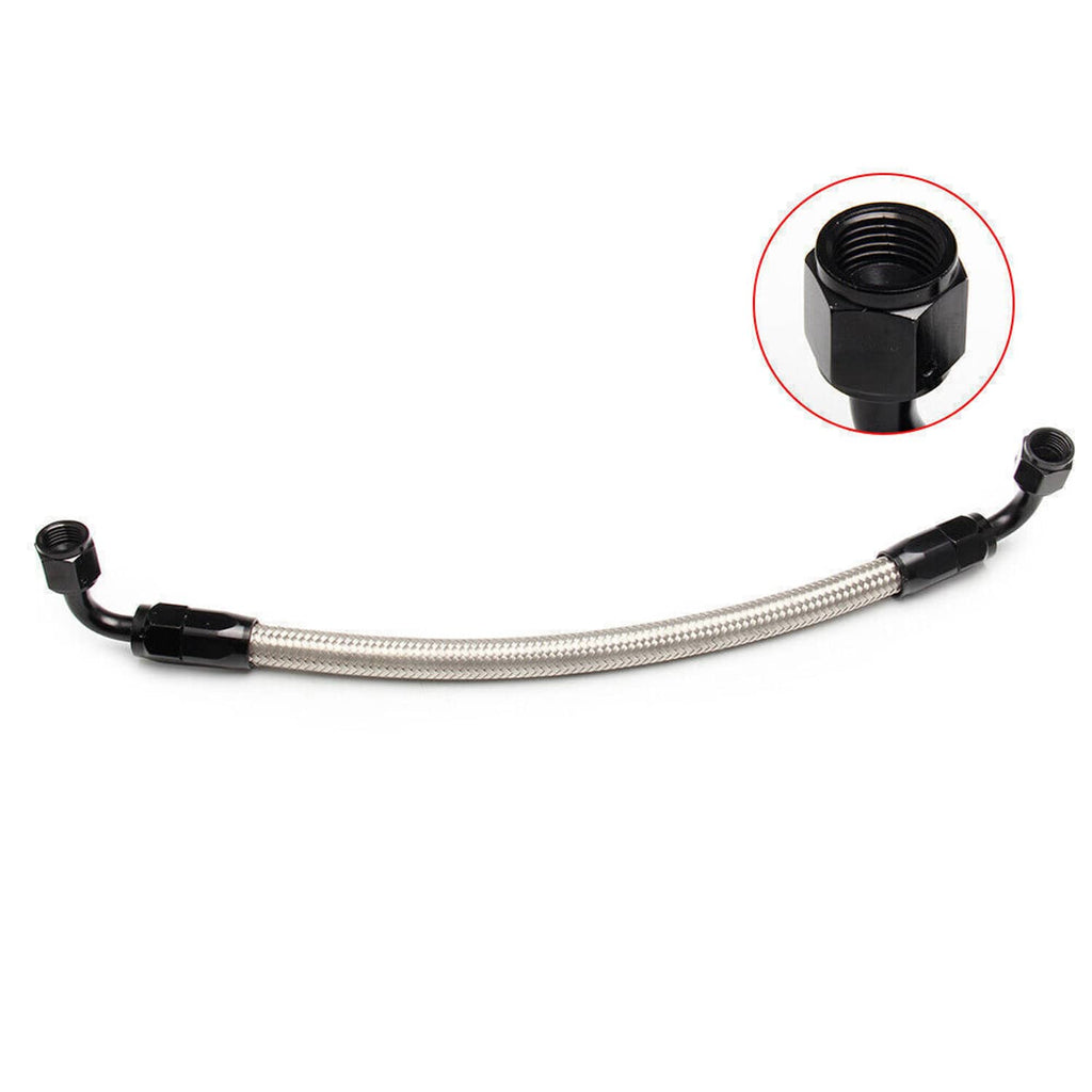 Braided crossover hose with black fittings and threaded adapter end with O-ring seal