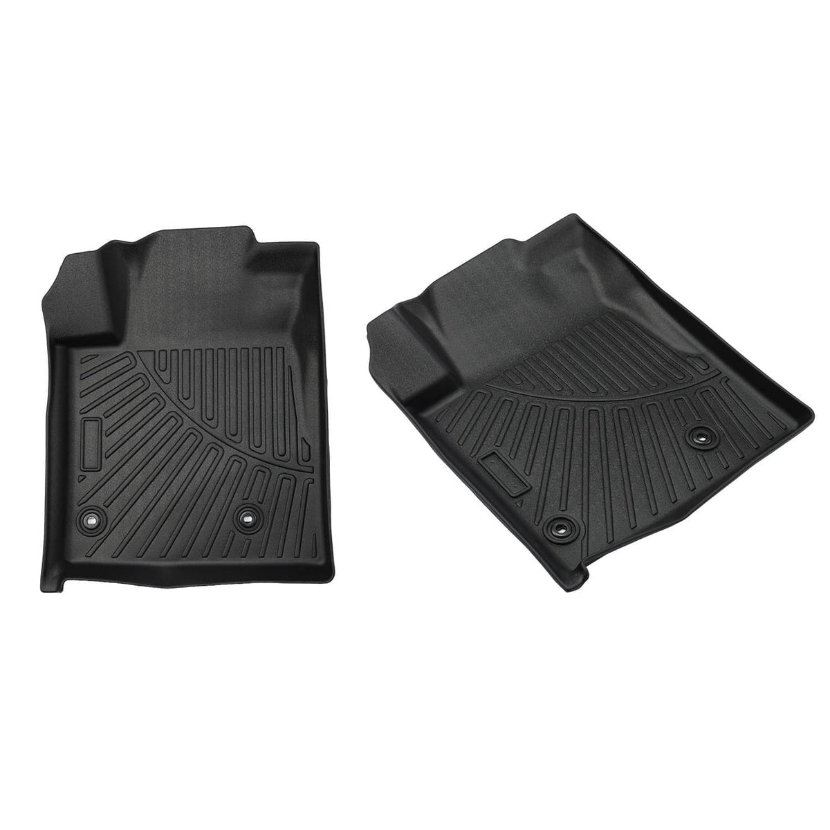 Black rubber floor mat pieces with textured pattern and circular attachment holes