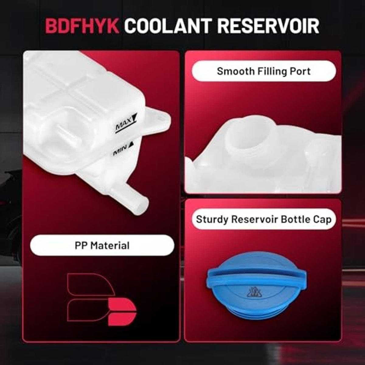 White coolant reservoir bottle with blue cap, smooth filling port and cap detail