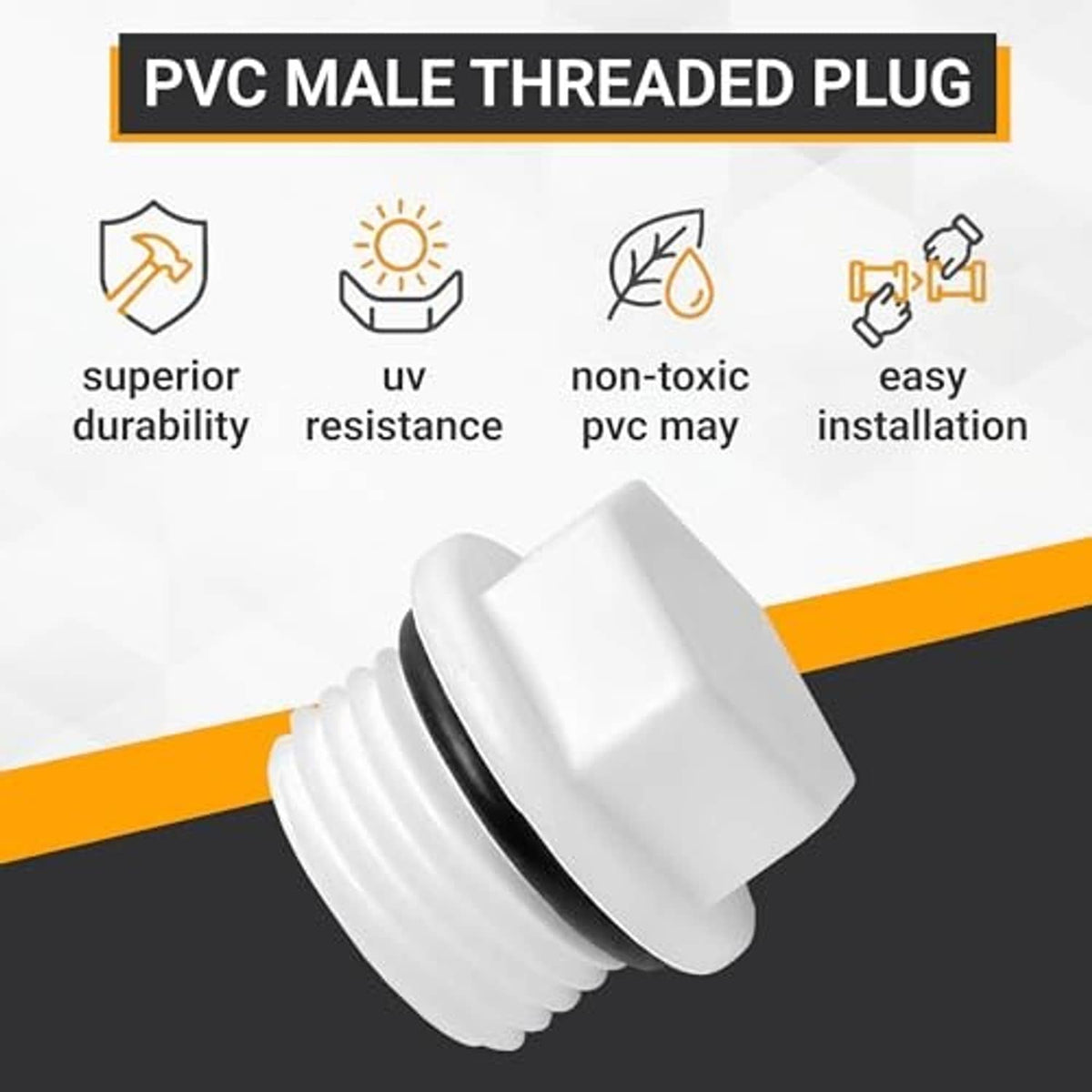 White PVC male threaded plug end cap with black gasket and threaded shank