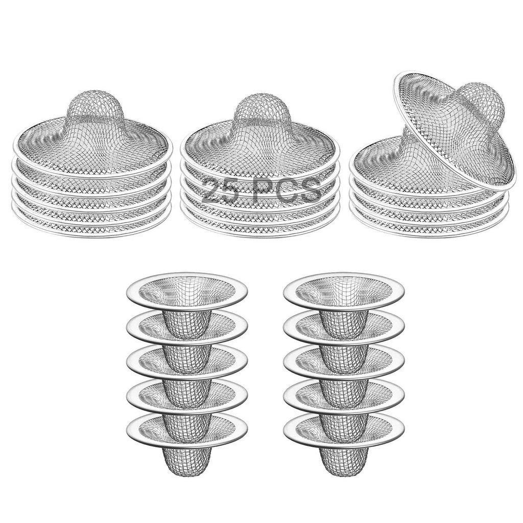 Set of 25 stainless mesh sink drain strainers, round basket with fine grid, silver