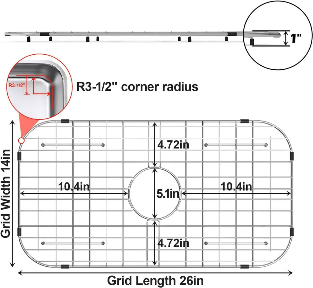 Sink protector grid 26 in x 14 in, rear drain with 3-1/2 in corner radius