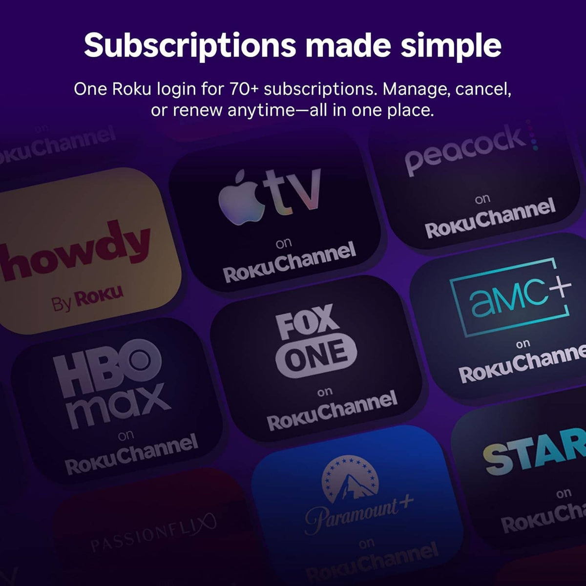 Streaming channel icons on promotional screen for Roku