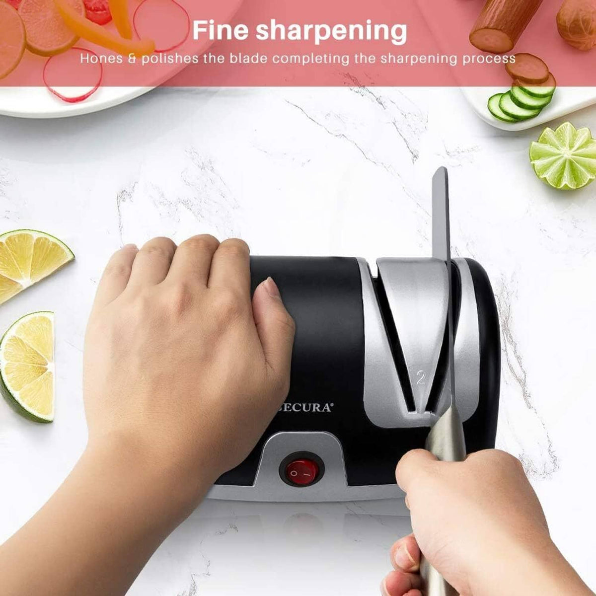 Secura 2-stage knife sharpener with a knife held over the second sharpening slot