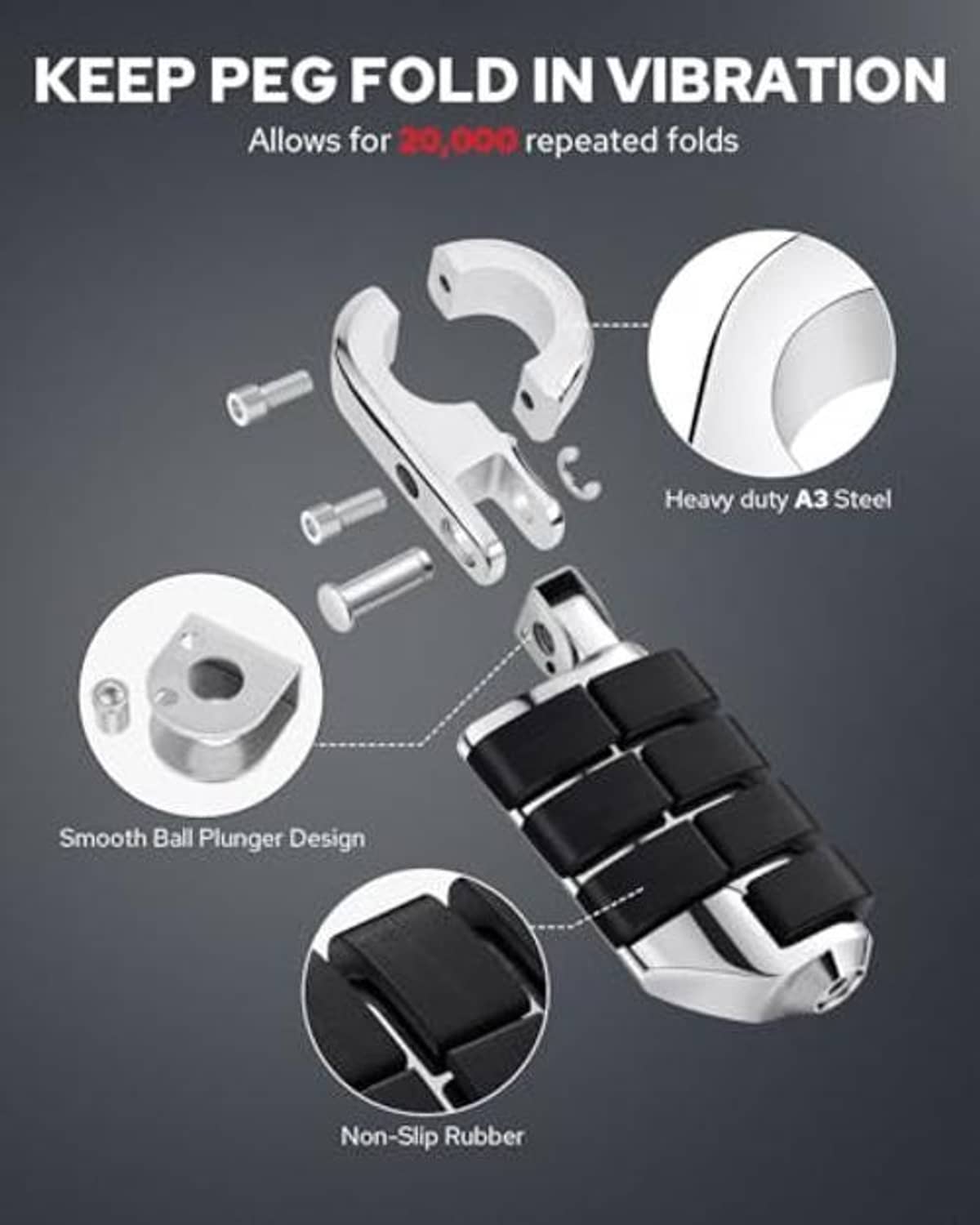 A3 steel motorcycle foot peg set with black rubber inserts and ball-plunger mechanism