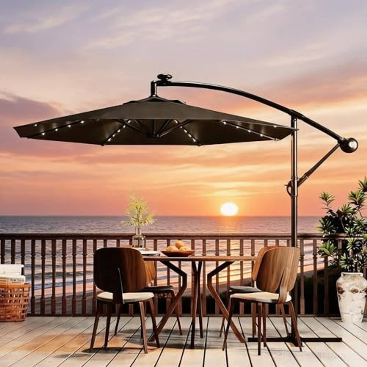 Offset patio umbrella with solar LED lights along the underside of the dark gray canopy
