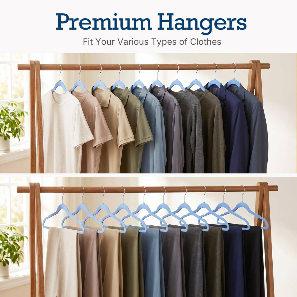 Tranquil-blue velvet hangers on a hanging rod among other colors
