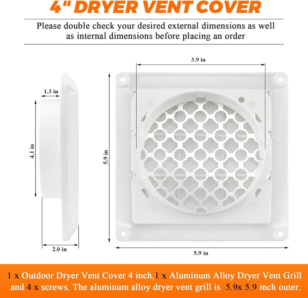 White 4-inch dryer vent cover with grille opening and mounting screw holes