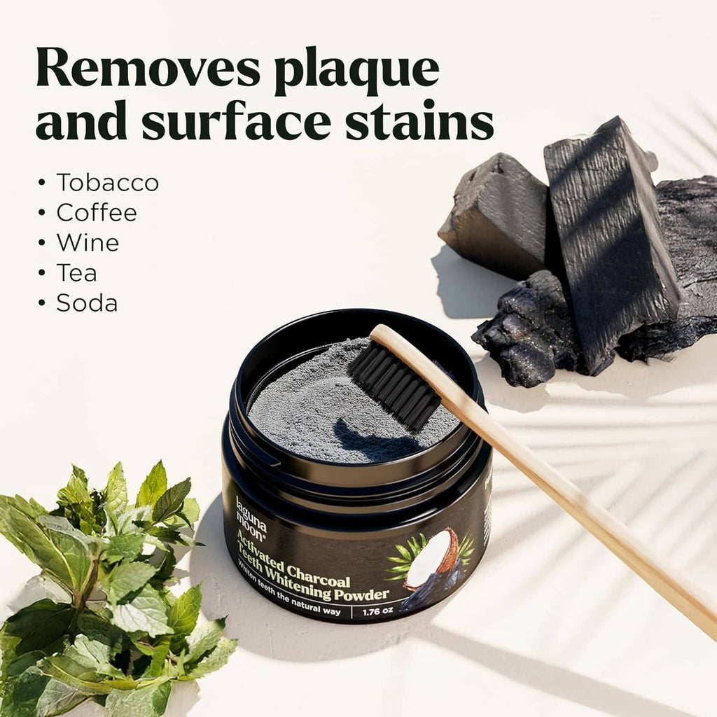 Charcoal whitening powder jar with toothbrush and scattered powder, black-and-gray