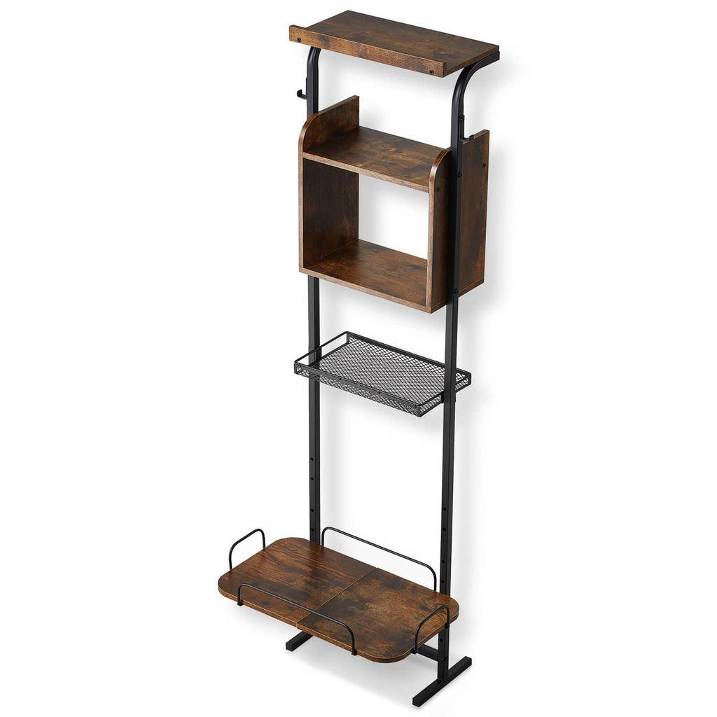 Raised dog feeding stand with wooden top platform, storage shelves, and metal mesh tray, black frame