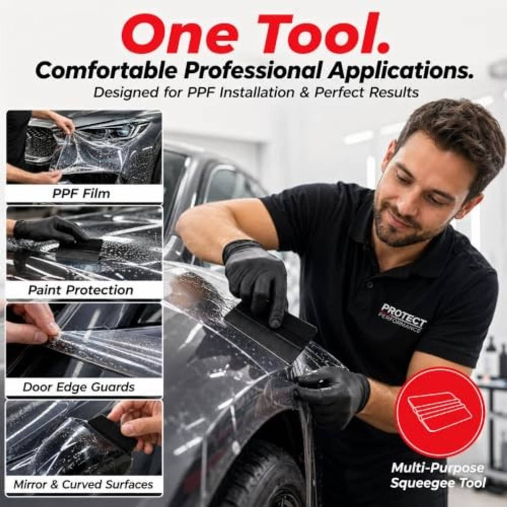 Squeegee tool with knifeless tape for applying protective film and smoothing surfaces.