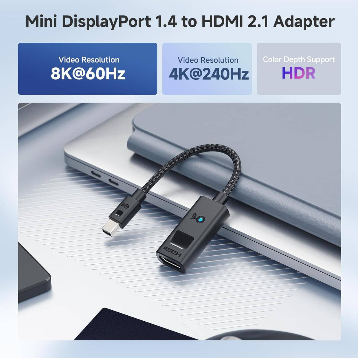 Mini DisplayPort to HDMI adapter on cable loop, black body with HDMI port