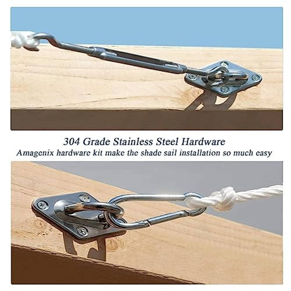 Stainless steel shade sail hardware mounted on wood beam with turnbuckle and chain ring