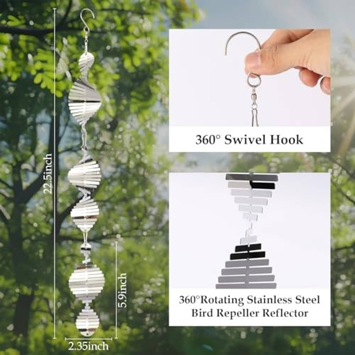 Silver bird-deterrent wind spinner with top swivel hook and stacked disc body