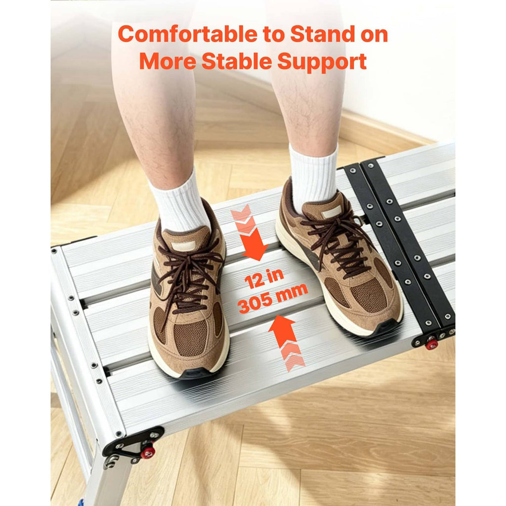 Aluminum work platform with textured step surface and blue anti-slip foot pads