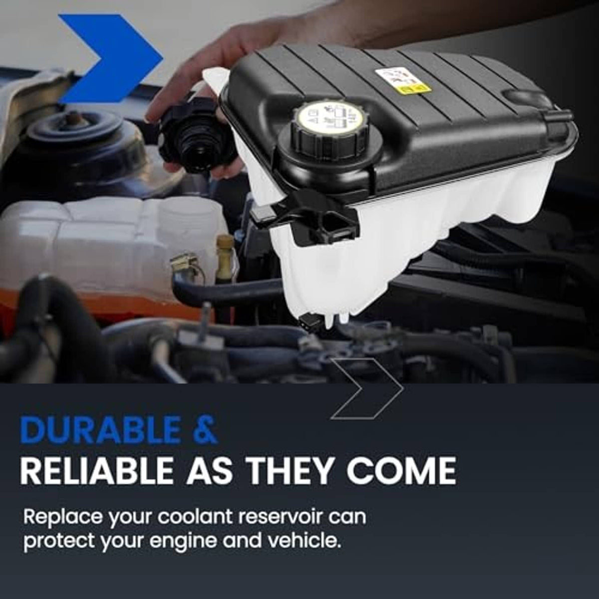 Engine coolant reservoir tank with black lid and round cap, mounted in engine compartment.