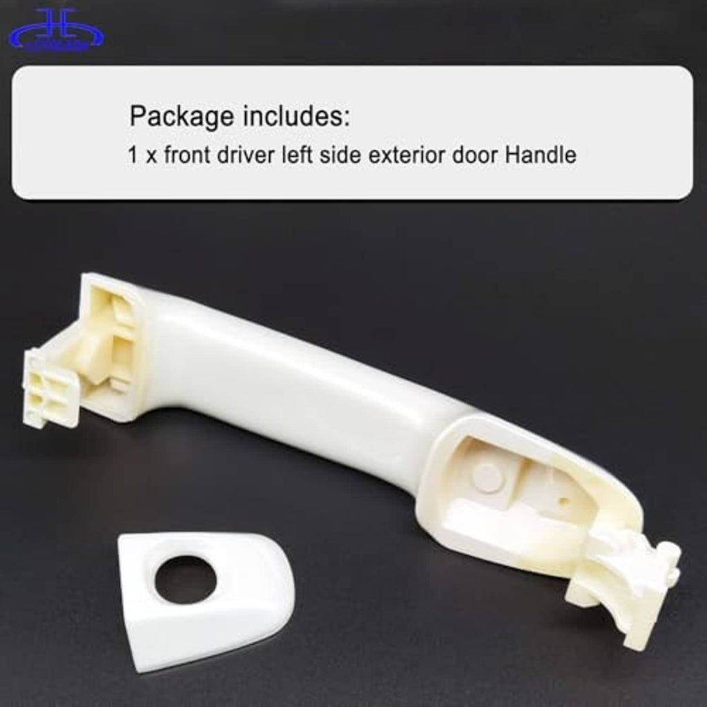 White exterior door handle with beige interior mounting components and separate cover piece