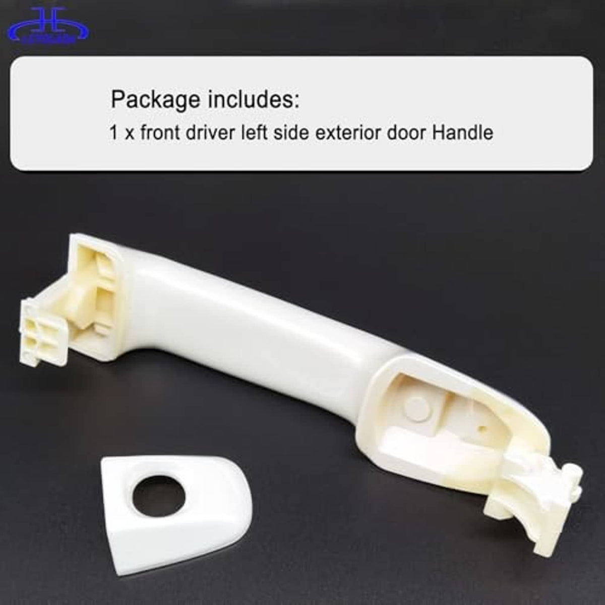 White exterior door handle with beige interior mounting components and separate cover piece