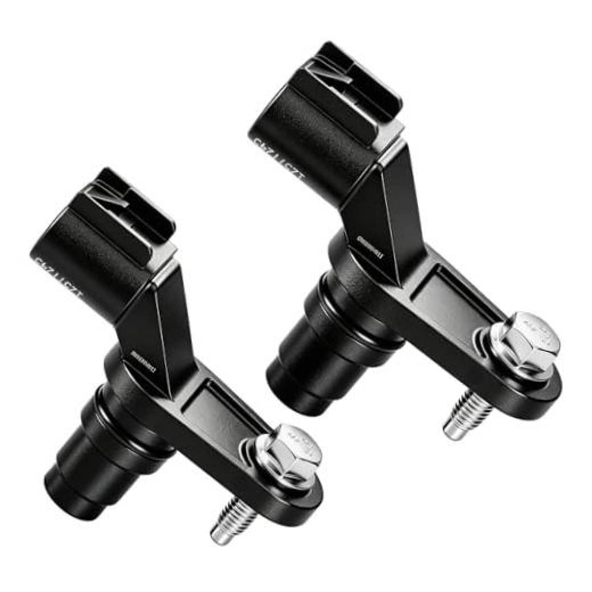 Black camshaft position sensor with two-pin connector and metal mounting bracket