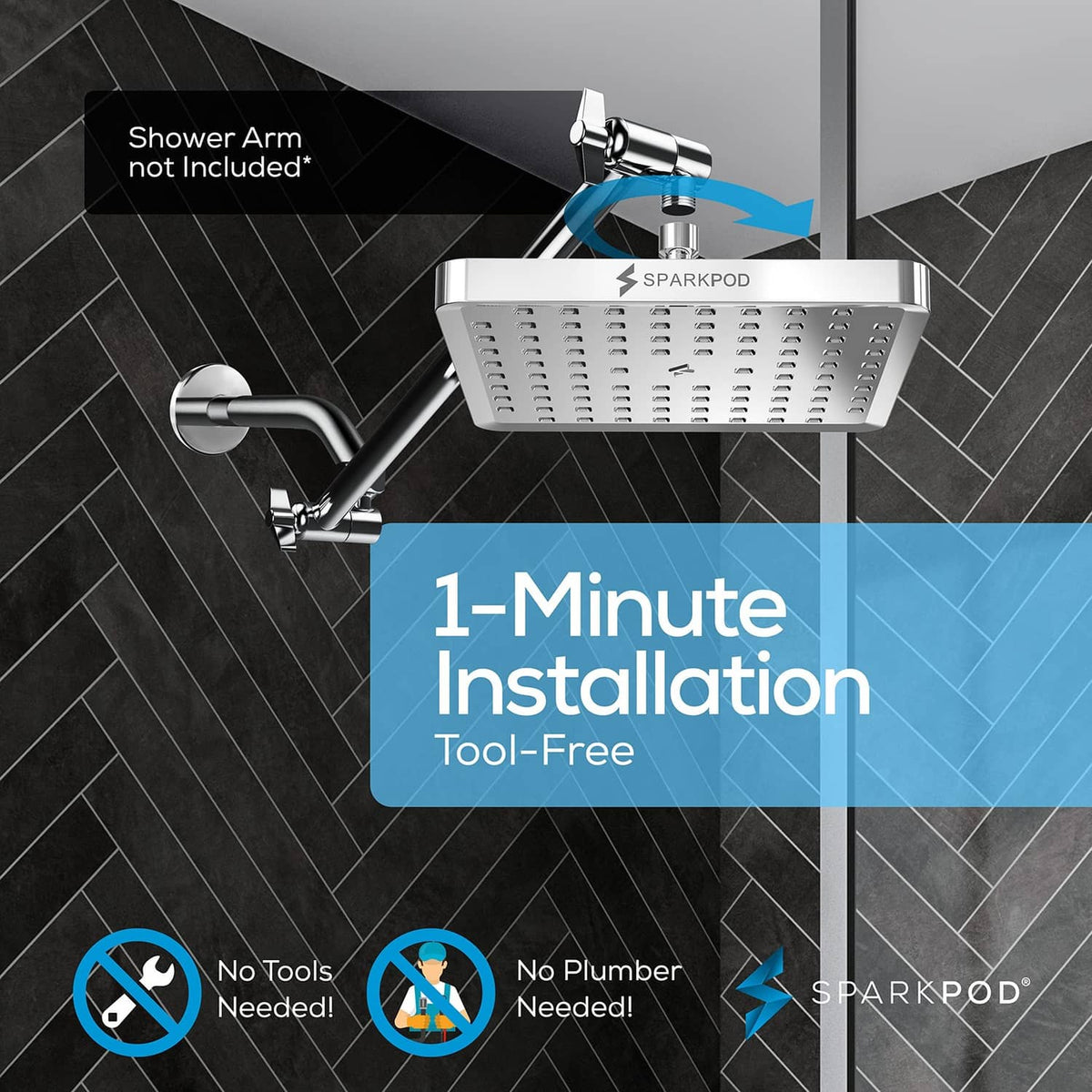 Square rain shower head mounted to shower arm with adjustable angle feature