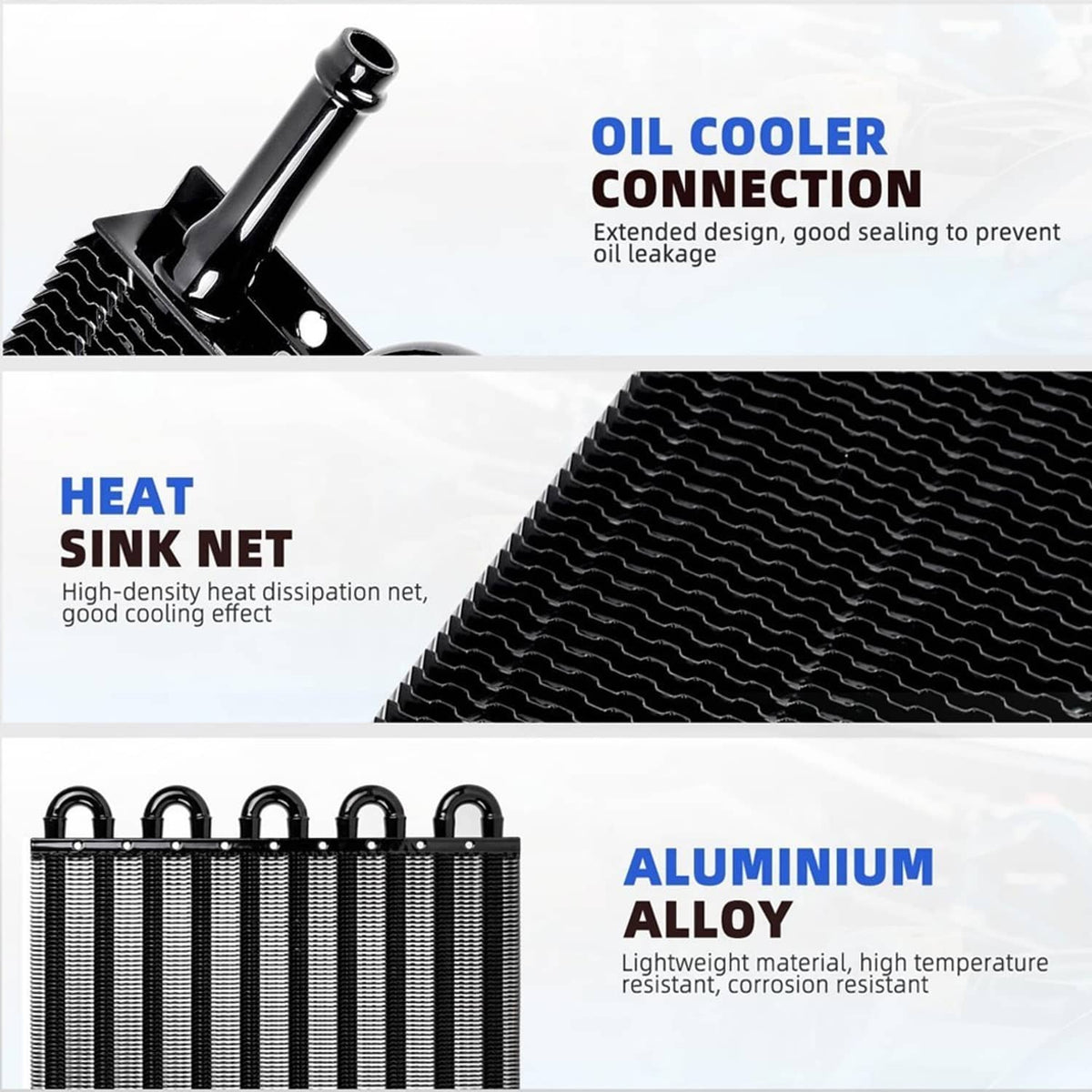 Transmission oil cooler with aluminum heat sink fins and connection fittings