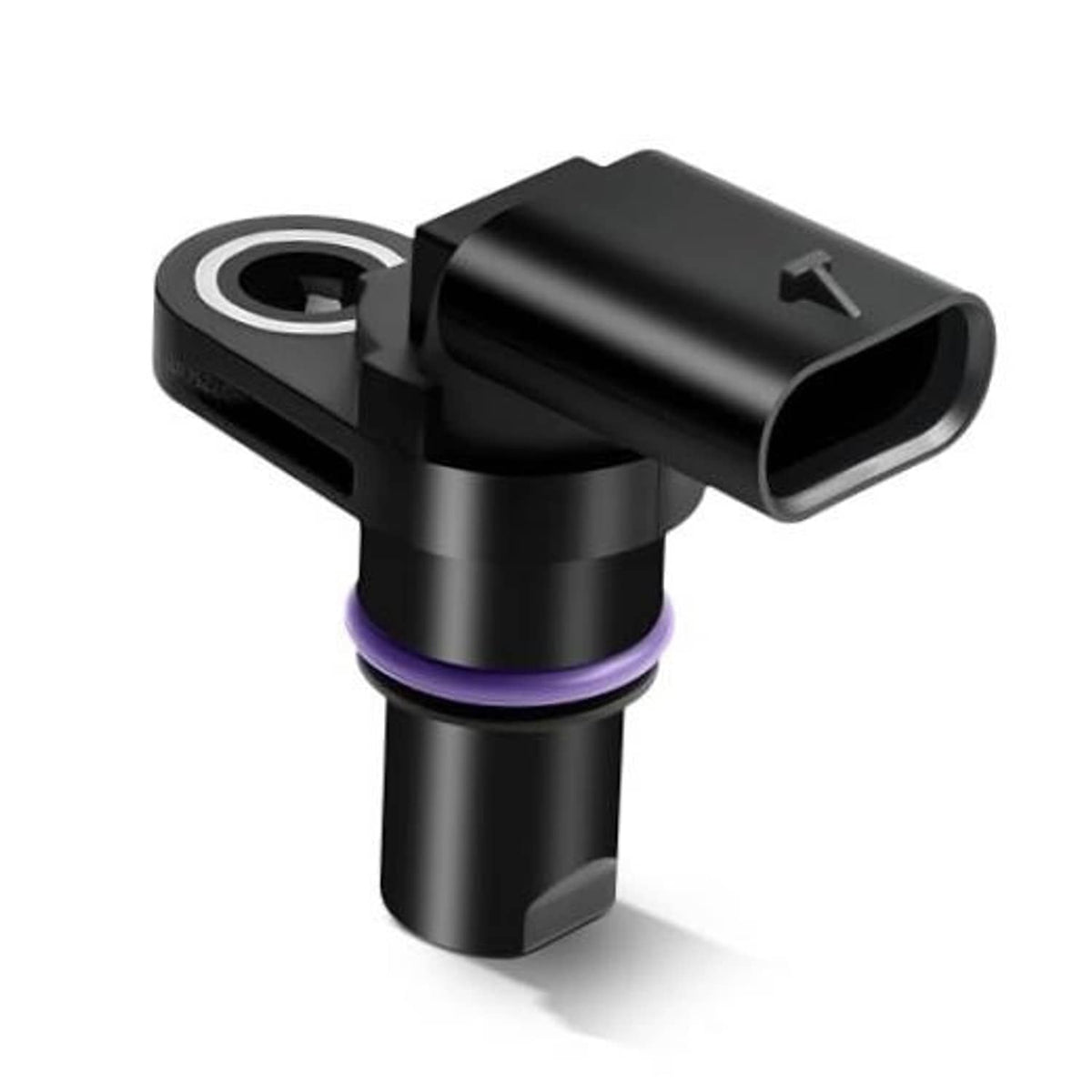 Black camshaft position sensor with 3-pin connector and purple sealing ring