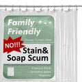 Clear PEVA shower curtain liner with grommet header for easy hanging.