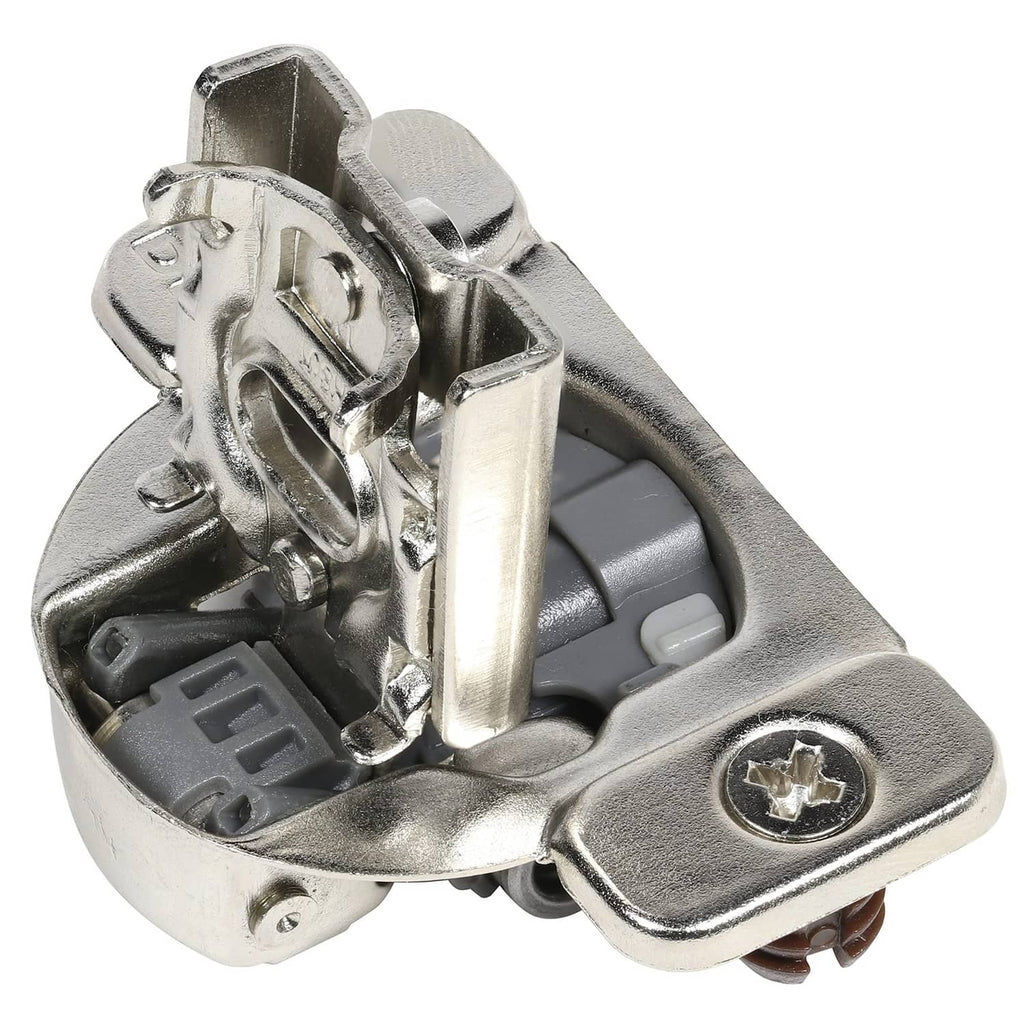 Silver DTC cabinet hinge with face-frame plate, visible screw holes and hinge arm.