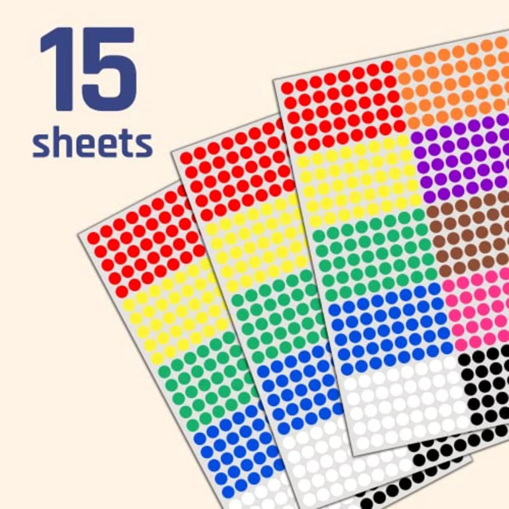 Pack of colorful dot stickers on 15 label sheets, self-adhesive round dots