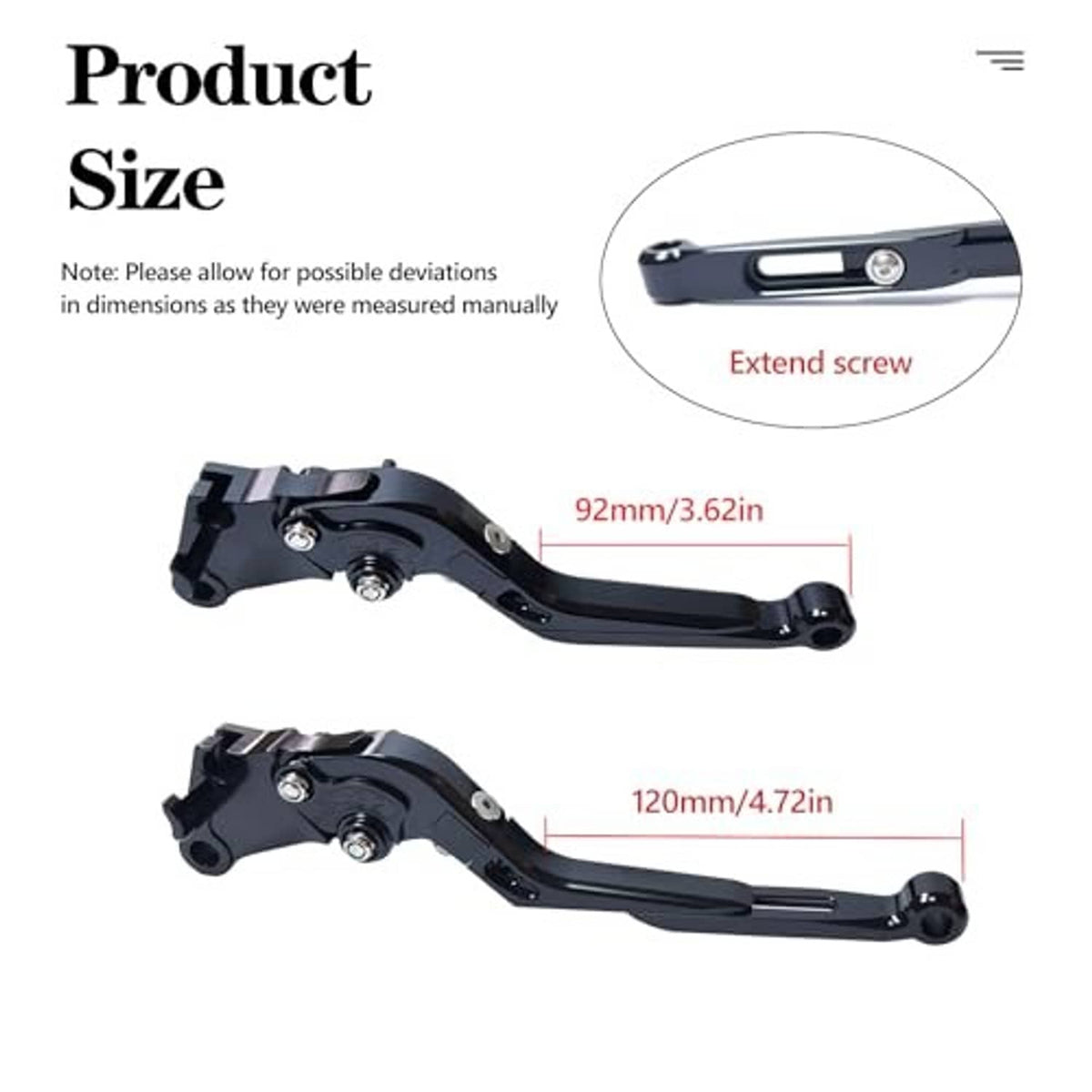 Black brake clutch lever set showing extend screw detail with overall size layout.