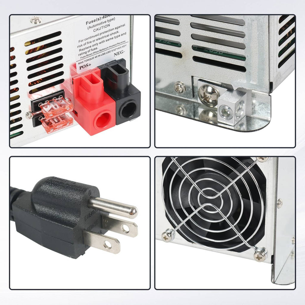 RV power converter charger detail views of red connector ports and cooling fan