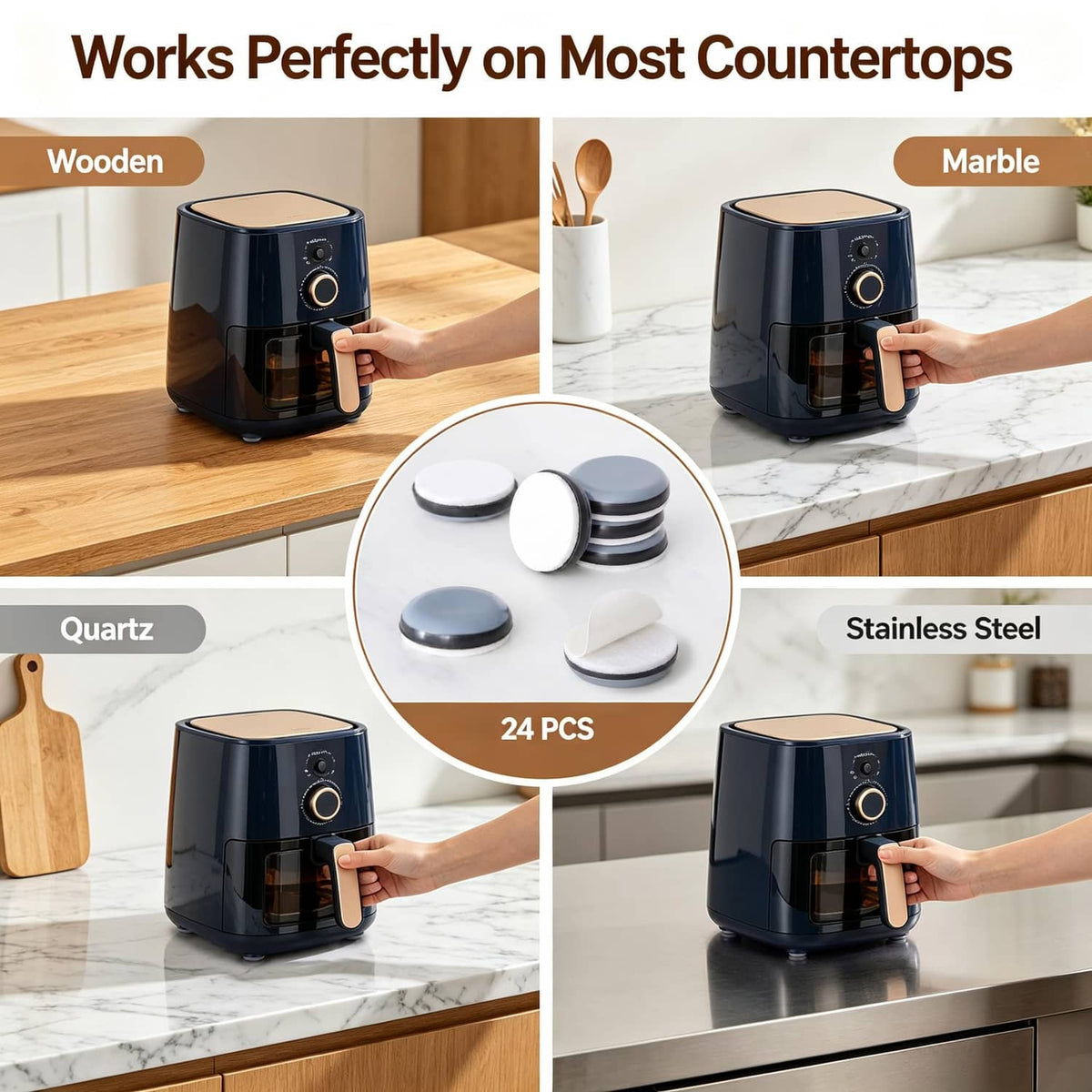 Grey slider pads for most countertops, 24 pieces shown in close-up