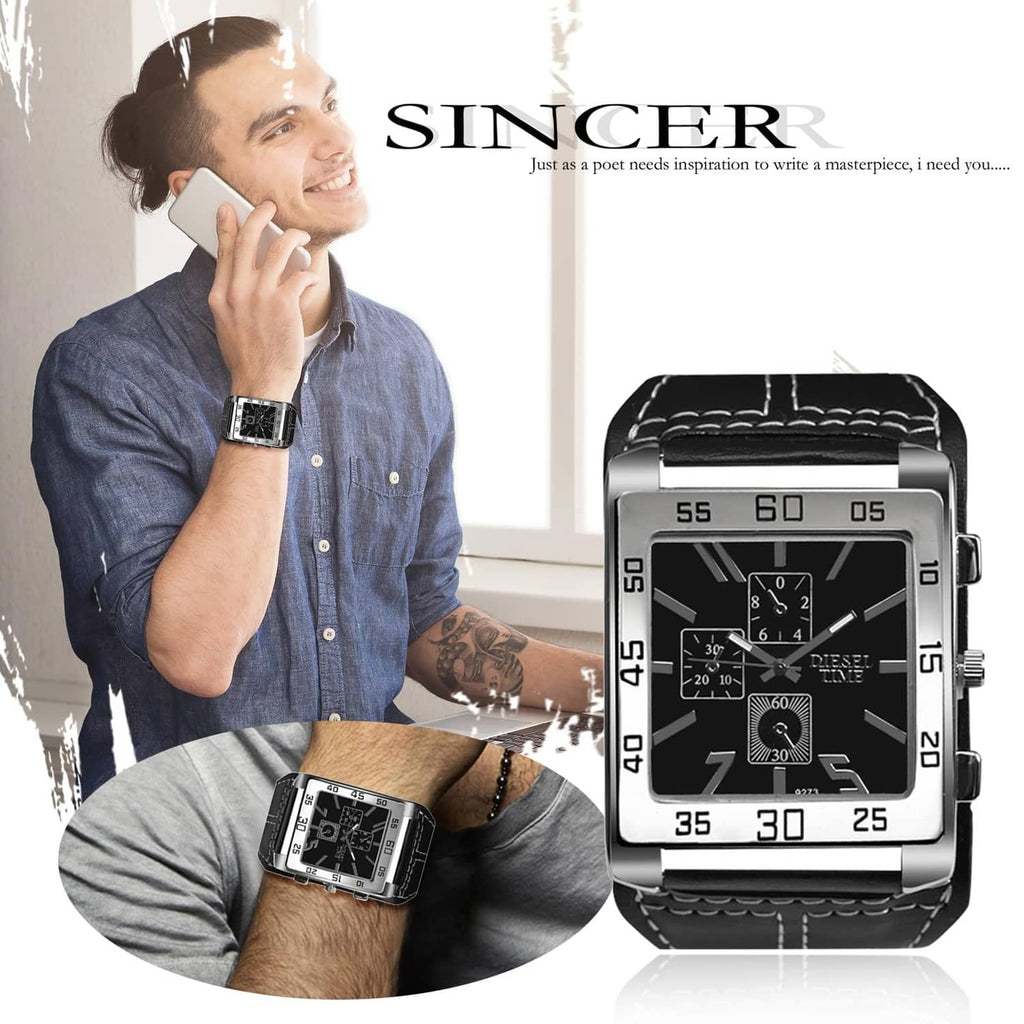 Square black-dial watch with silver case and black leather band, side buttons visible