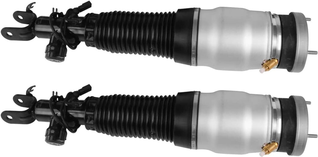 Pair of air suspension shock struts, silver cylinders with black ribbed bellows