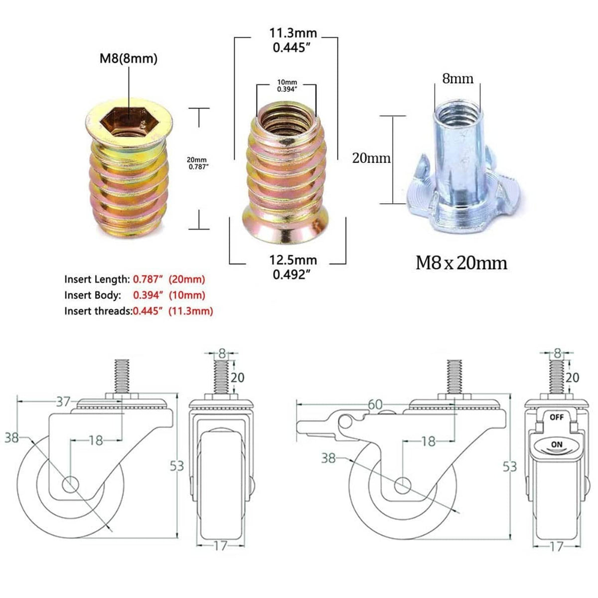 Caster T-nut and stem hardware with size measurements for M8x20