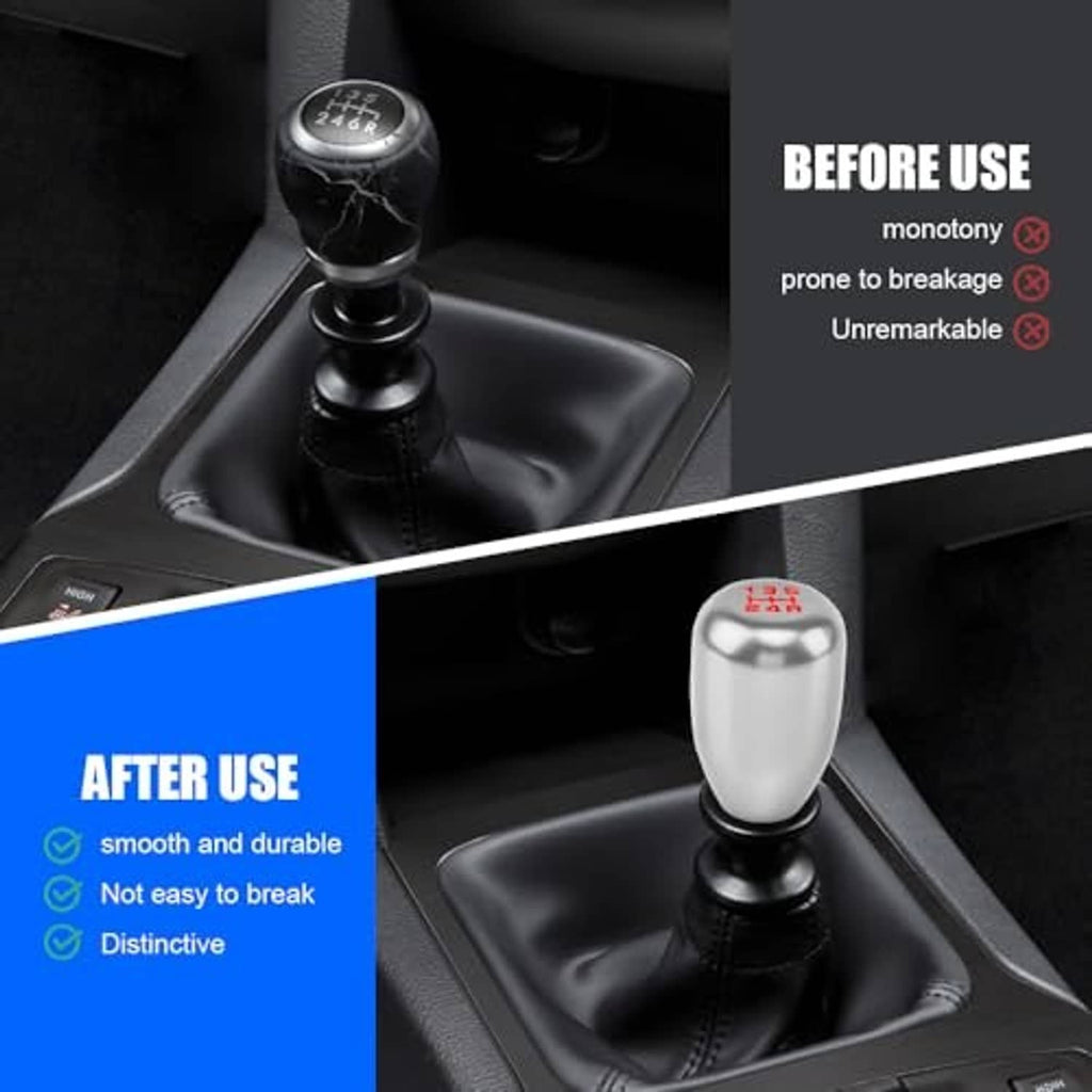Silver gear shift knob on black leather boot with threaded base