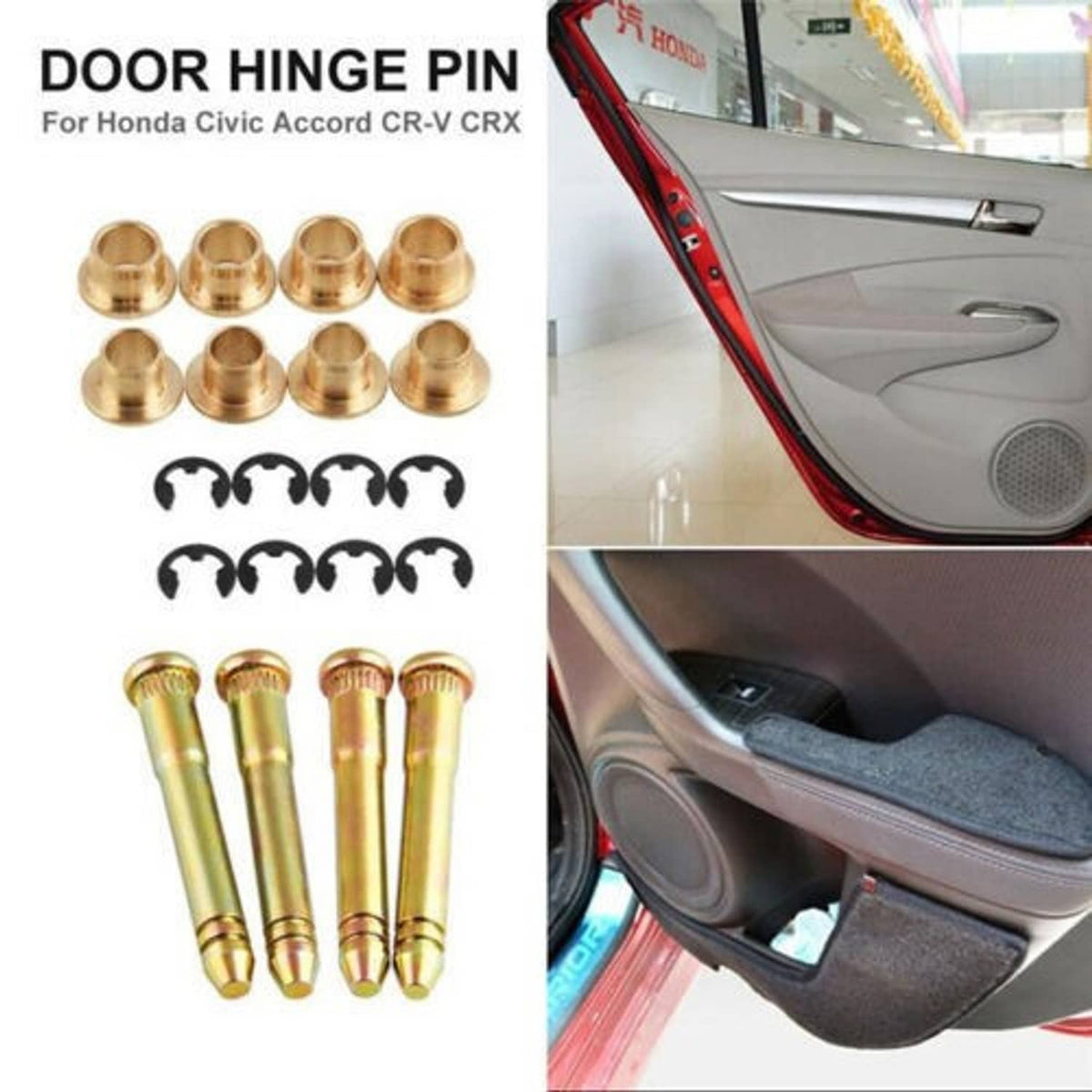 Door hinge pin kit with gold-toned pins and bushings shown with installation view