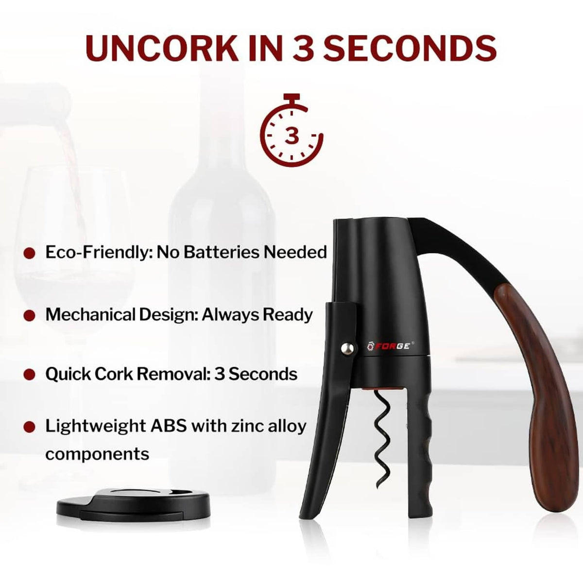 Black lever wine opener with base and corkscrew mechanism
