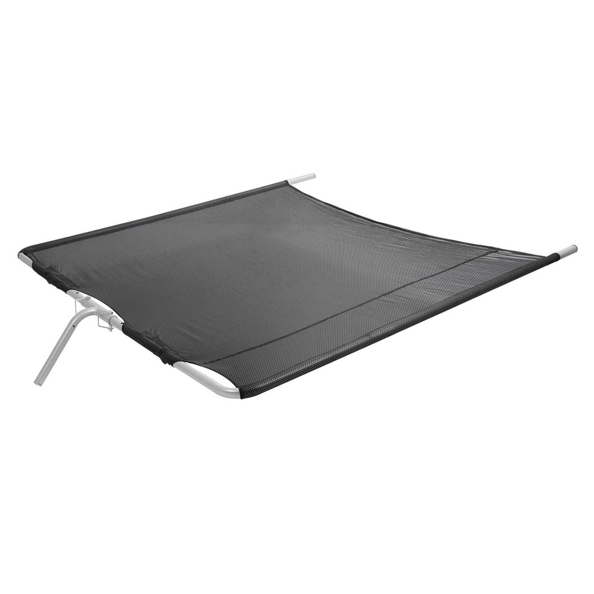 Boat sun shade canopy in dark gray mesh with silver frame tubes and corner support
