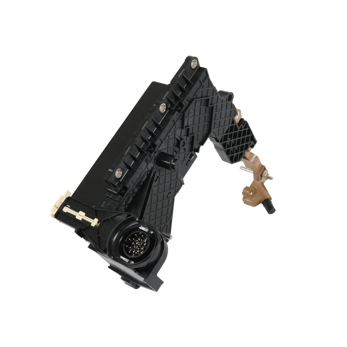 Black transmission lead frame module with circular port and tan electrical terminals