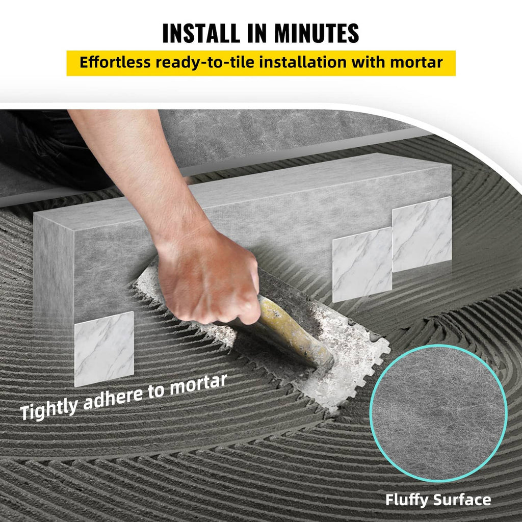 Gray tile-ready shower bench seat on mortar bed with hands pressing firmly