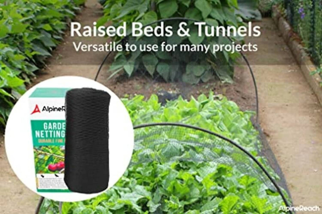 Black garden netting roll shown for raised beds and tunnel use; AlpineReach